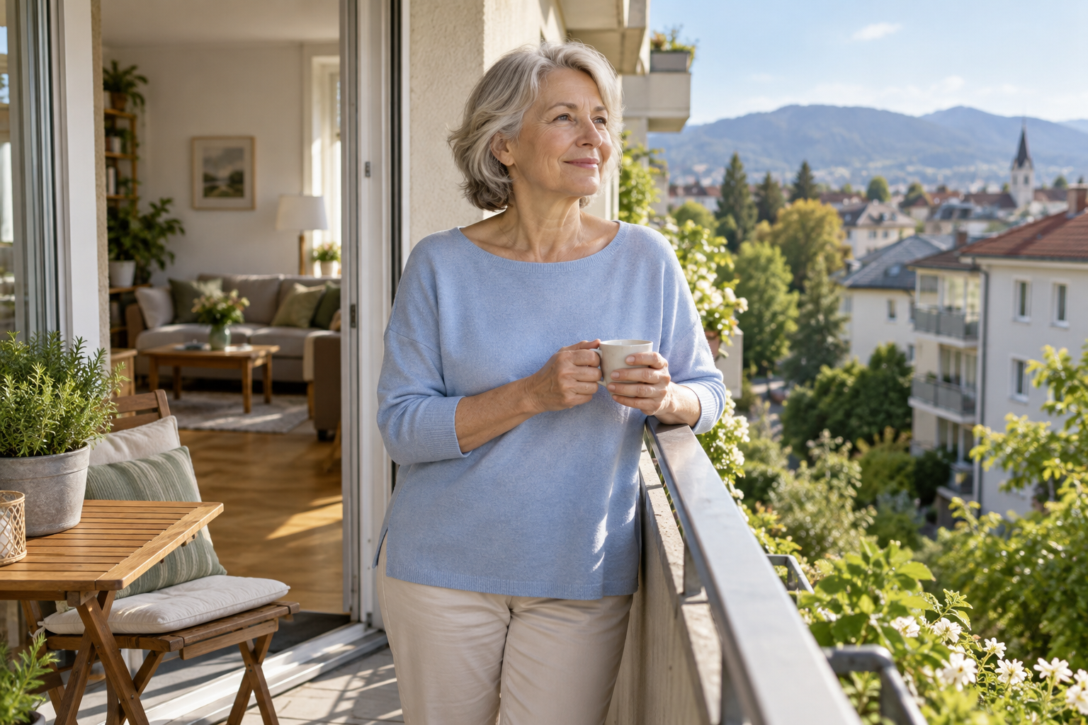 Eine Frau steht auf dem Balkon einer hellen Wohnung